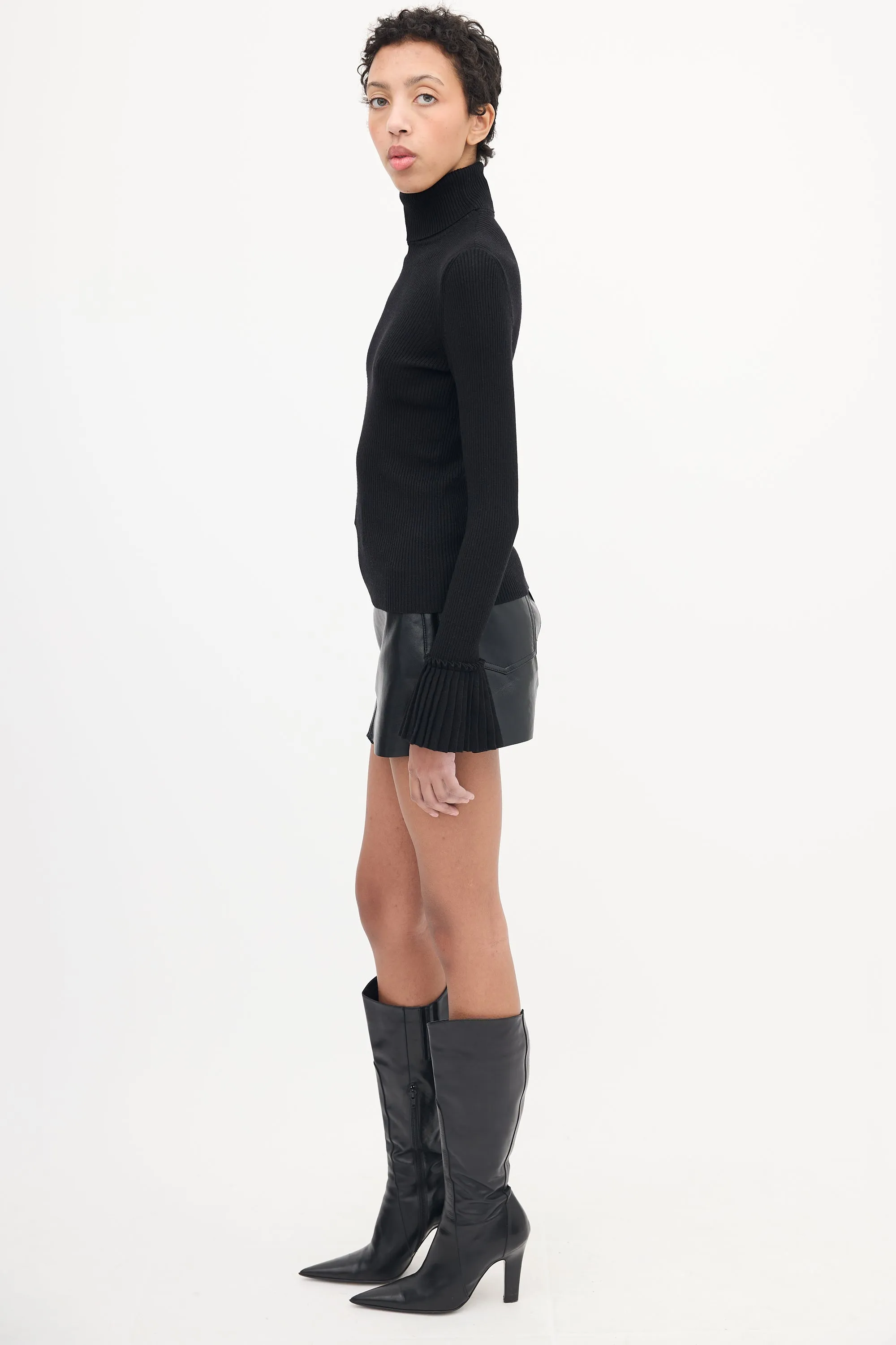 Black Pleated Cuff Turtleneck Top