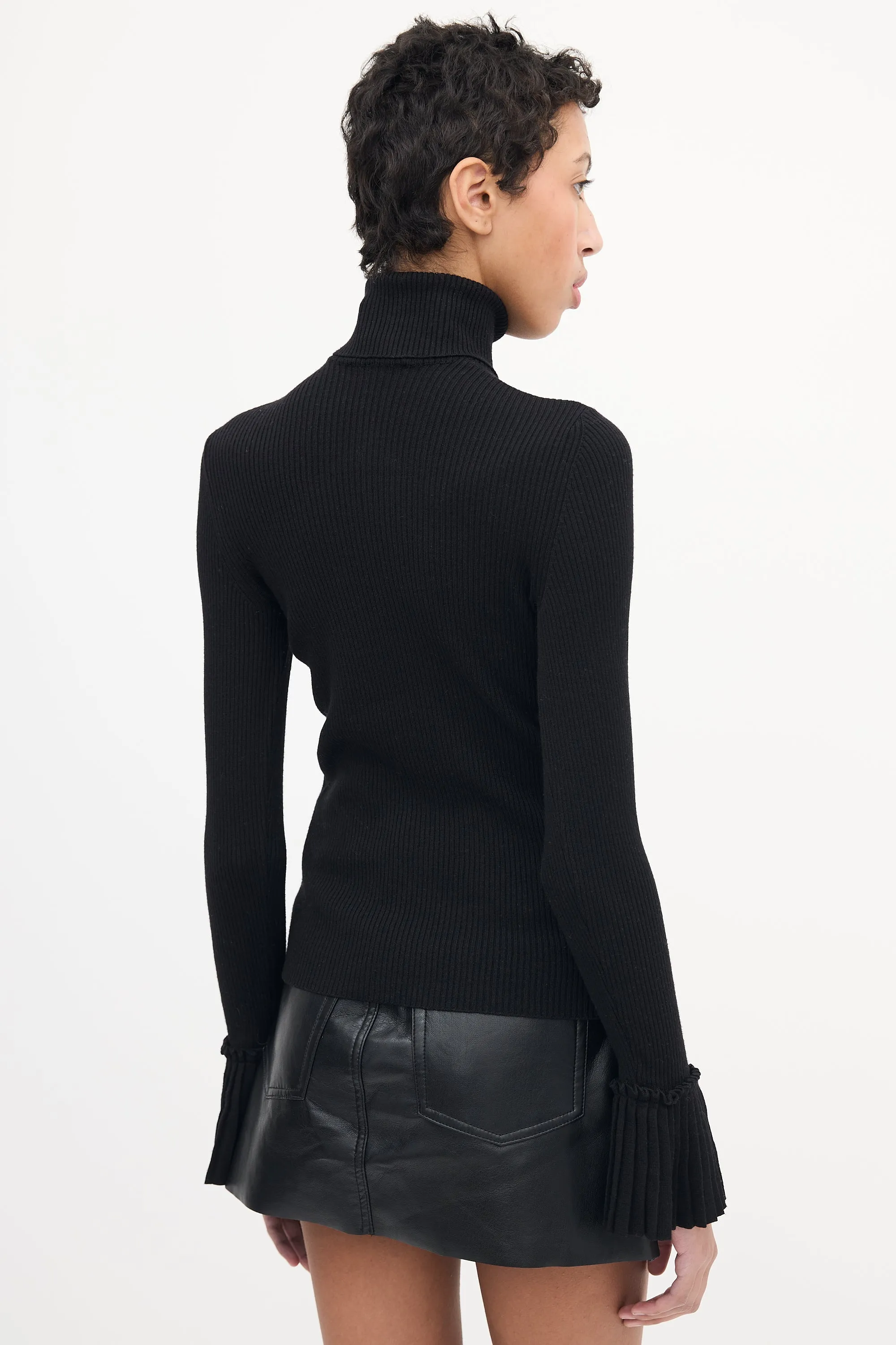 Black Pleated Cuff Turtleneck Top