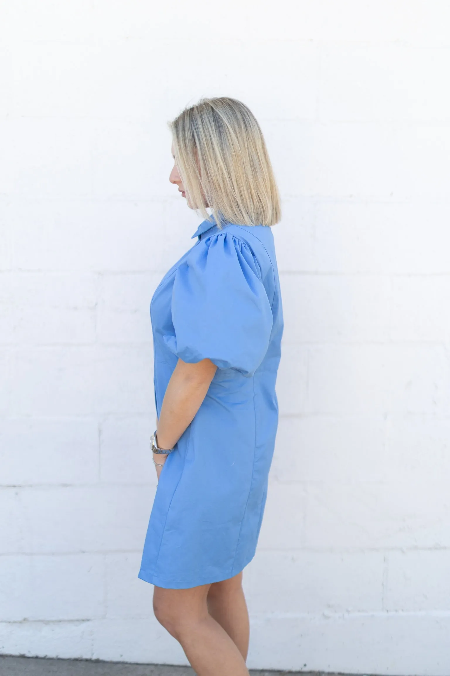 Blue Puff Sleeve Mini Dress