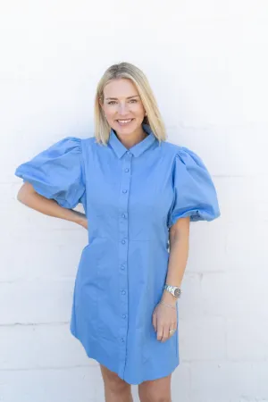 Blue Puff Sleeve Mini Dress