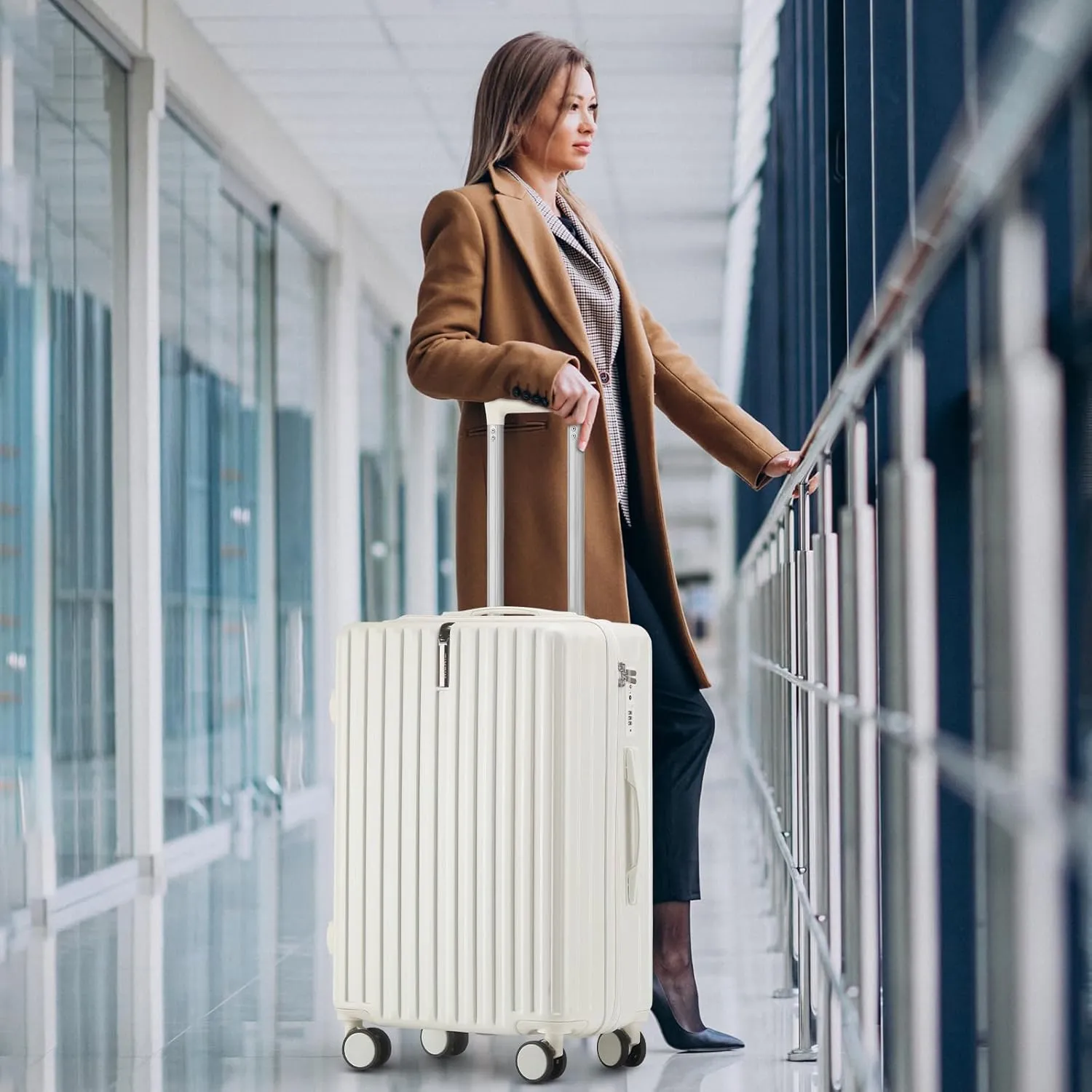 Carry on Luggage 22x14x9 Airline Approved Carry On Luggage Set,Hardside Luggage with Spinner Wheels TSA Lock PC Material (White)
