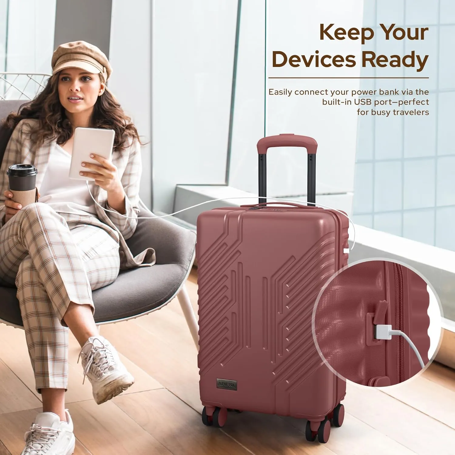 Carry On Luggage, Spinner Wheels Airline Approved 22 inch Lightweight Expandable Hard-shell Suitcase with Built-in TSA Lock and USB Port, Burgundy