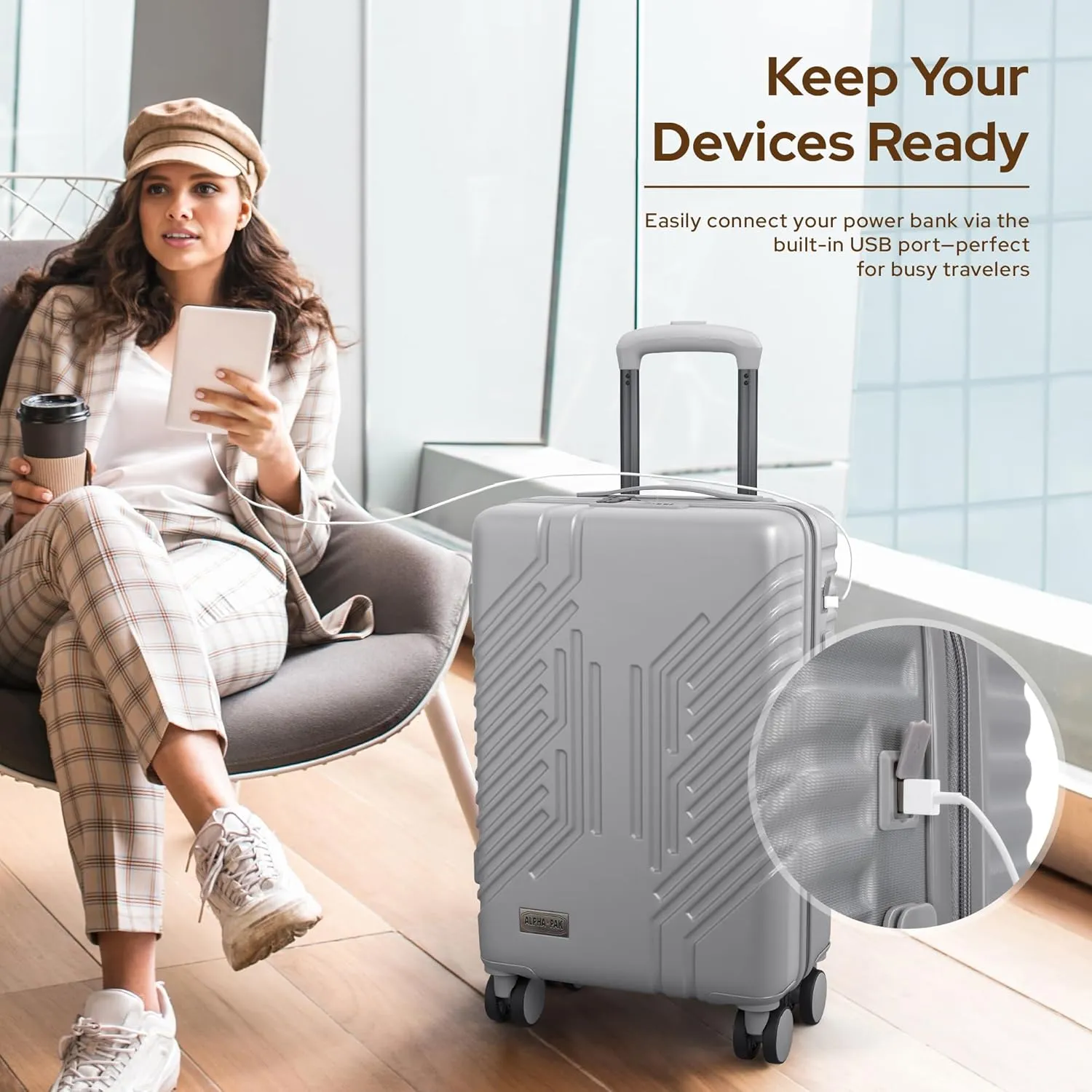 Carry On Luggage, Spinner Wheels Airline Approved 22 inch Lightweight Expandable Hard-shell Suitcase with Built-in TSA Lock and USB Port, Light gray