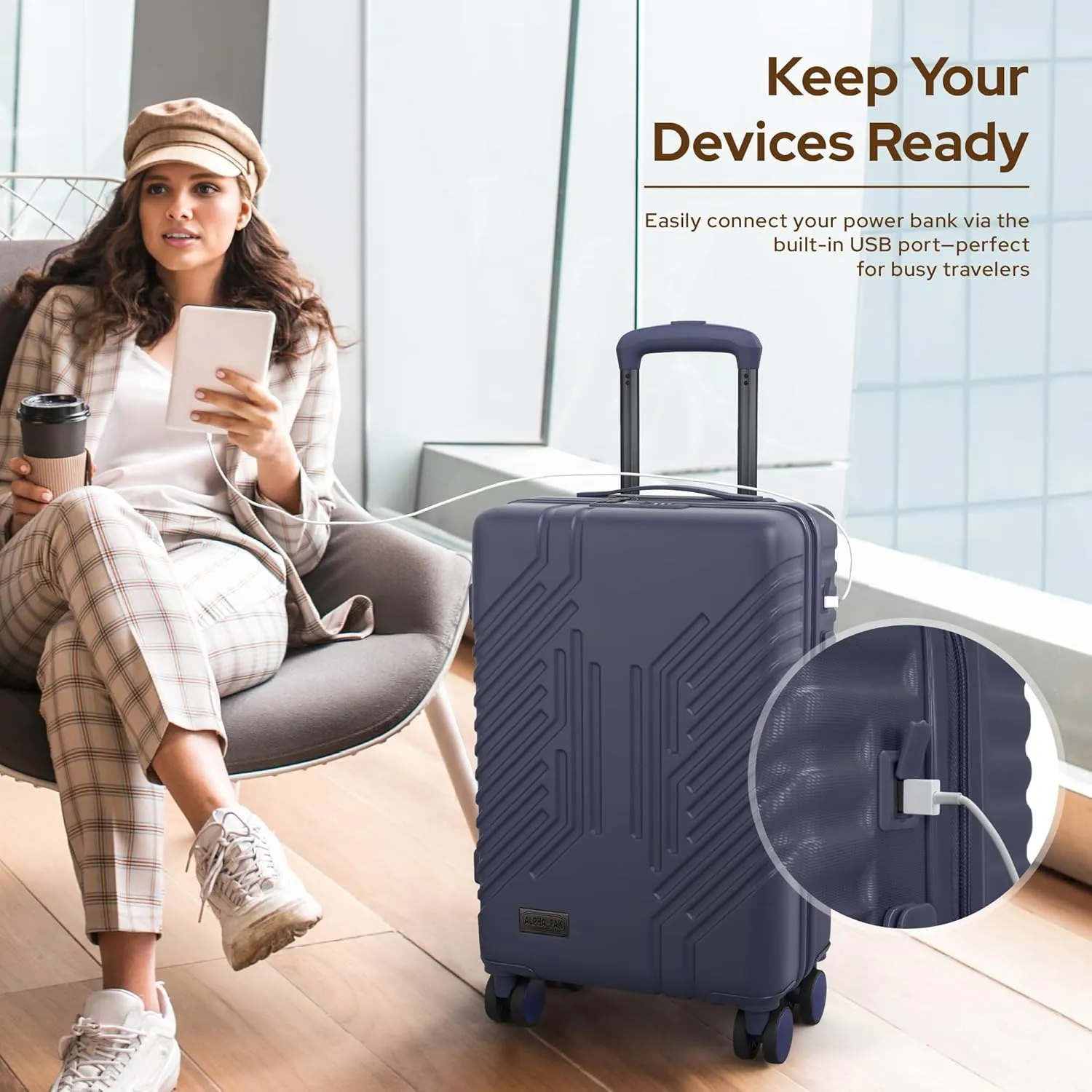 Carry On Luggage, Spinner Wheels Airline Approved 22 inch Lightweight Expandable Hard-shell Suitcase with Built-in TSA Lock and USB Port, Navy blue