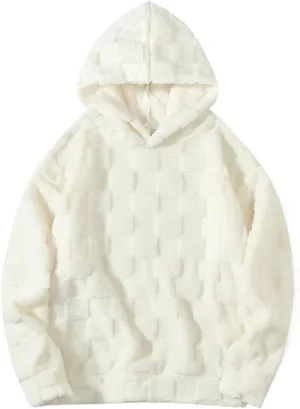 Checkered Sherpa Pullover Hoodies Oversized Fuzzy Sweatshirt Fashion Long Sleeve Fluffy Plush Tops for Men Women