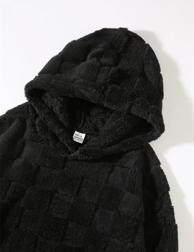 Checkered Sherpa Pullover Hoodies Oversized Fuzzy Sweatshirt Fashion Long Sleeve Fluffy Plush Tops for Men Women