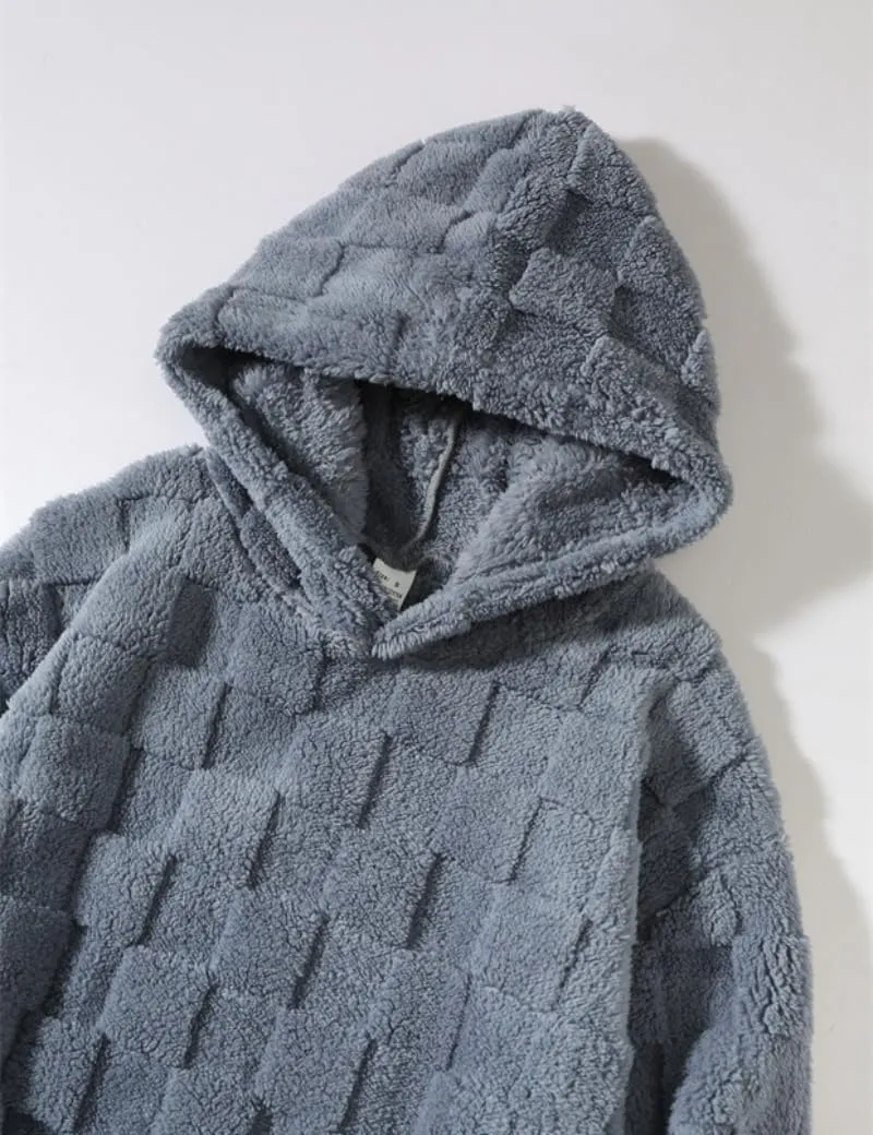 Checkered Sherpa Pullover Hoodies Oversized Fuzzy Sweatshirt Fashion Long Sleeve Fluffy Plush Tops for Men Women