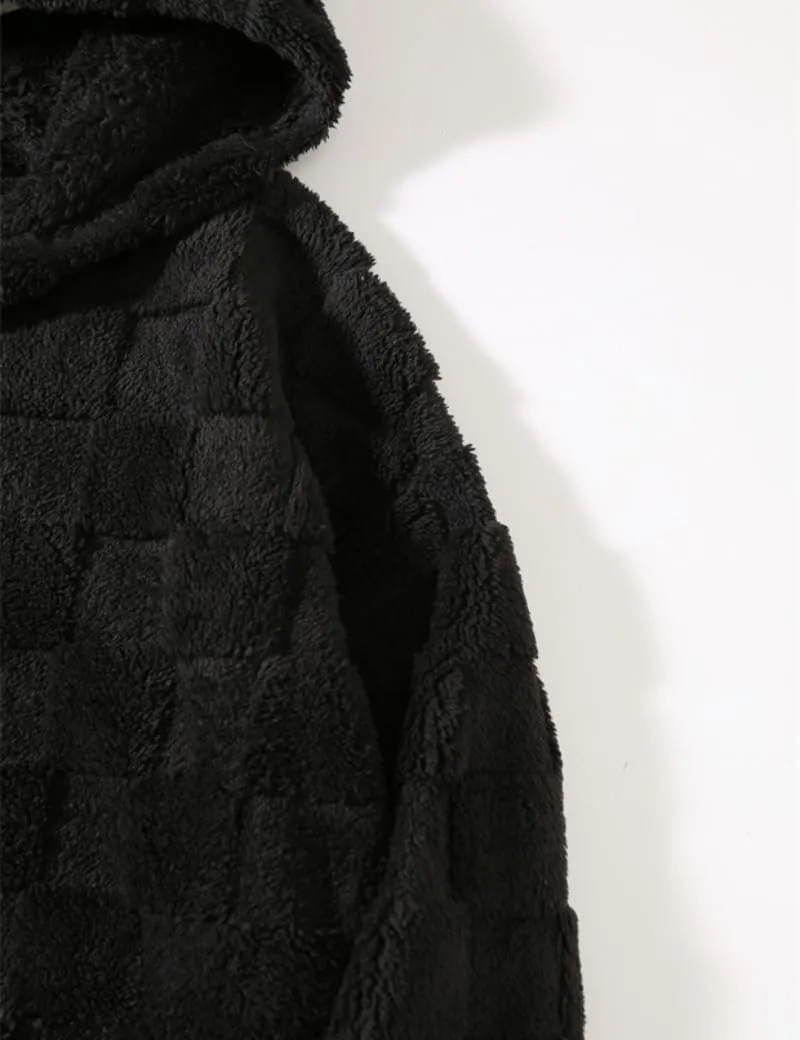 Checkered Sherpa Pullover Hoodies Oversized Fuzzy Sweatshirt Fashion Long Sleeve Fluffy Plush Tops for Men Women