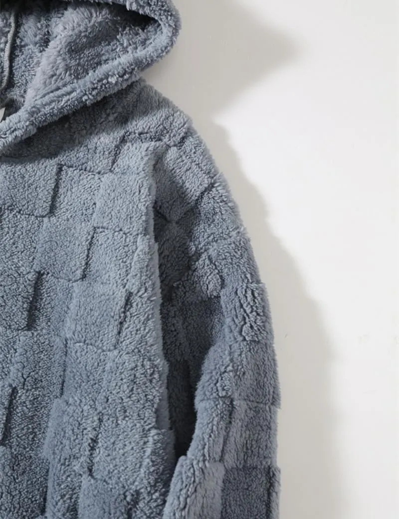 Checkered Sherpa Pullover Hoodies Oversized Fuzzy Sweatshirt Fashion Long Sleeve Fluffy Plush Tops for Men Women