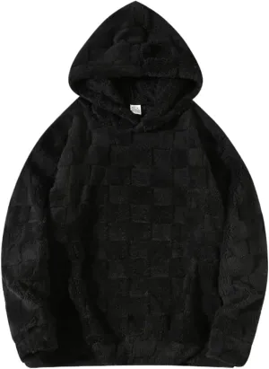 Checkered Sherpa Pullover Hoodies Oversized Fuzzy Sweatshirt Fashion Long Sleeve Fluffy Plush Tops for Men Women