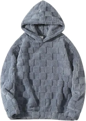 Checkered Sherpa Pullover Hoodies Oversized Fuzzy Sweatshirt Fashion Long Sleeve Fluffy Plush Tops for Men Women