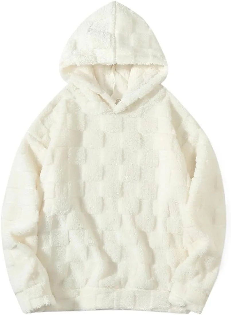 Checkered Sherpa Pullover Hoodies Oversized Fuzzy Sweatshirt Fashion Long Sleeve Fluffy Plush Tops for Men Women