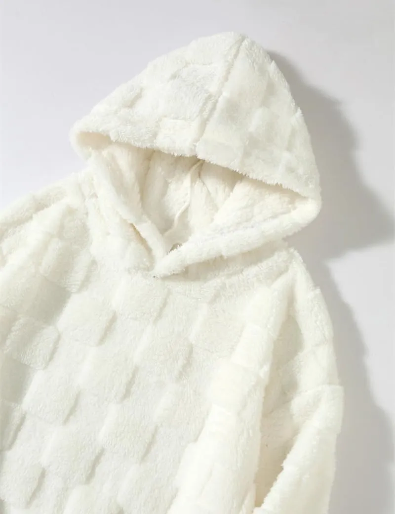 Checkered Sherpa Pullover Hoodies Oversized Fuzzy Sweatshirt Fashion Long Sleeve Fluffy Plush Tops for Men Women