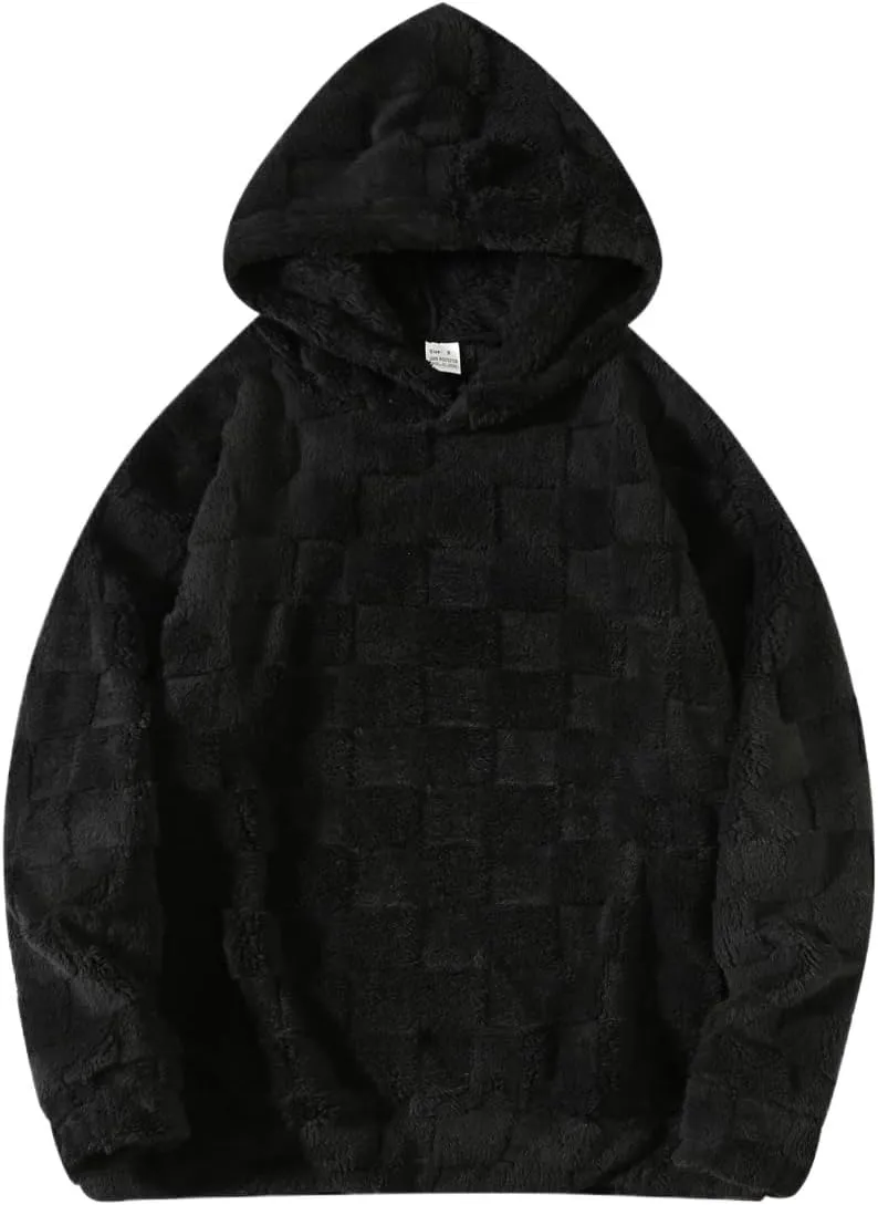 Checkered Sherpa Pullover Hoodies Oversized Fuzzy Sweatshirt Fashion Long Sleeve Fluffy Plush Tops for Men Women