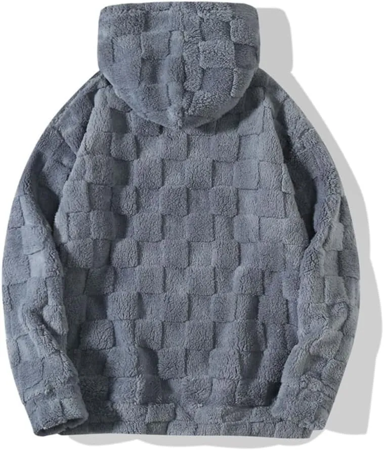 Checkered Sherpa Pullover Hoodies Oversized Fuzzy Sweatshirt Fashion Long Sleeve Fluffy Plush Tops for Men Women
