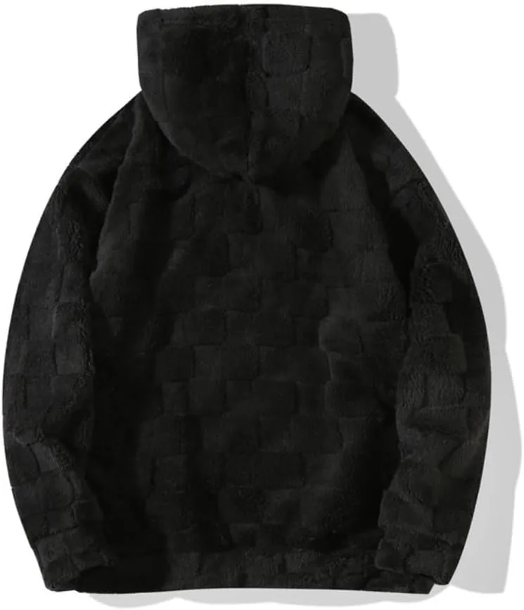 Checkered Sherpa Pullover Hoodies Oversized Fuzzy Sweatshirt Fashion Long Sleeve Fluffy Plush Tops for Men Women