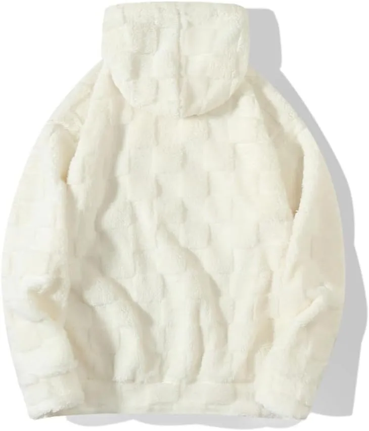 Checkered Sherpa Pullover Hoodies Oversized Fuzzy Sweatshirt Fashion Long Sleeve Fluffy Plush Tops for Men Women
