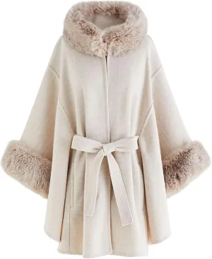 CHICWISH Women's Oatmeal/Grey/Black/Pink Self-Tie Bowknot Faux Fur Poncho