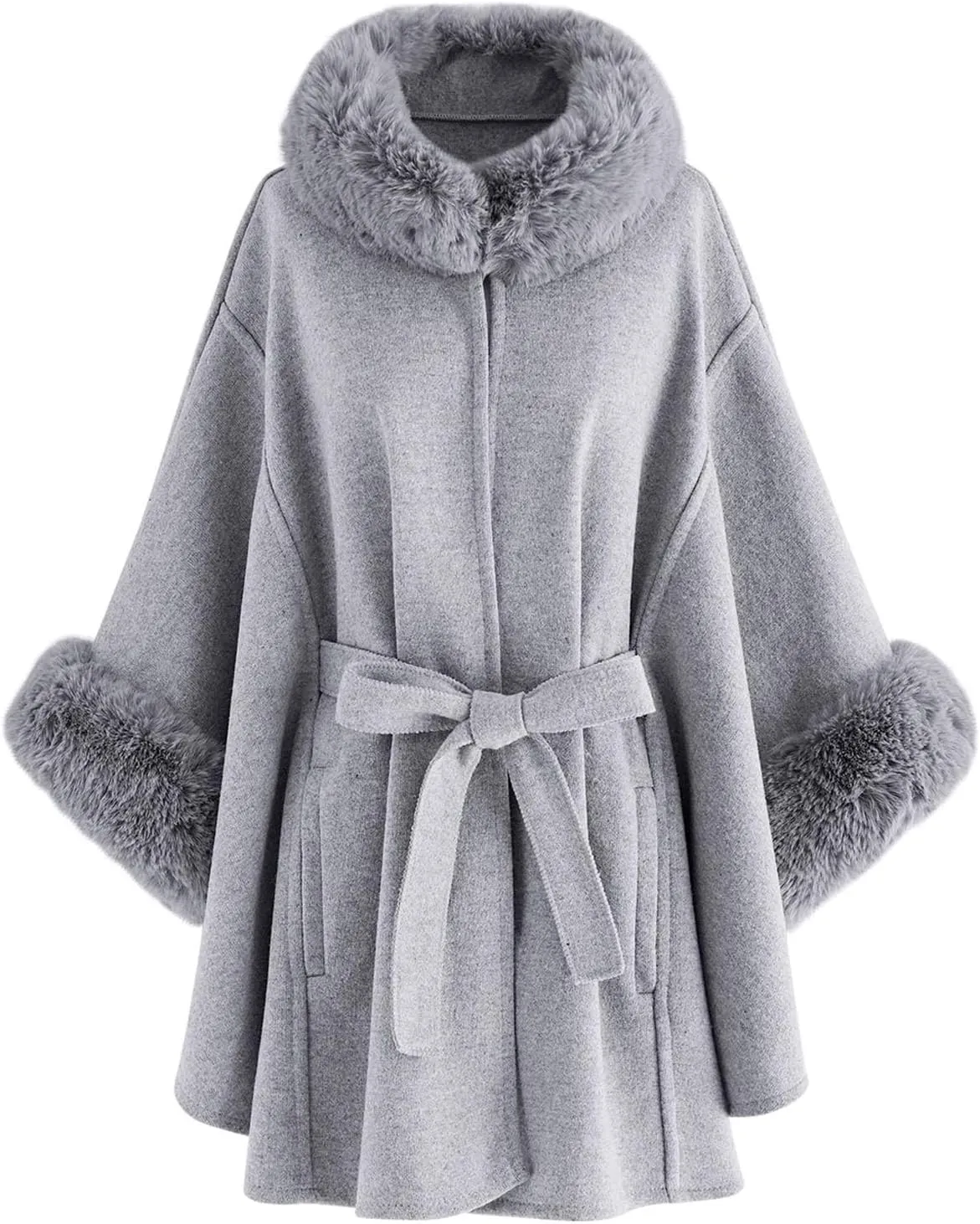 CHICWISH Women's Oatmeal/Grey/Black/Pink Self-Tie Bowknot Faux Fur Poncho