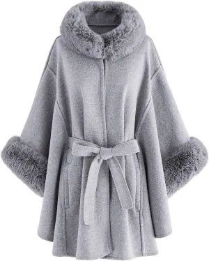 CHICWISH Women's Oatmeal/Grey/Black/Pink Self-Tie Bowknot Faux Fur Poncho