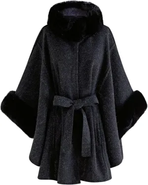 CHICWISH Women's Oatmeal/Grey/Black/Pink Self-Tie Bowknot Faux Fur Poncho
