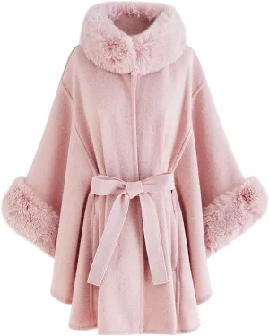 CHICWISH Women's Oatmeal/Grey/Black/Pink Self-Tie Bowknot Faux Fur Poncho