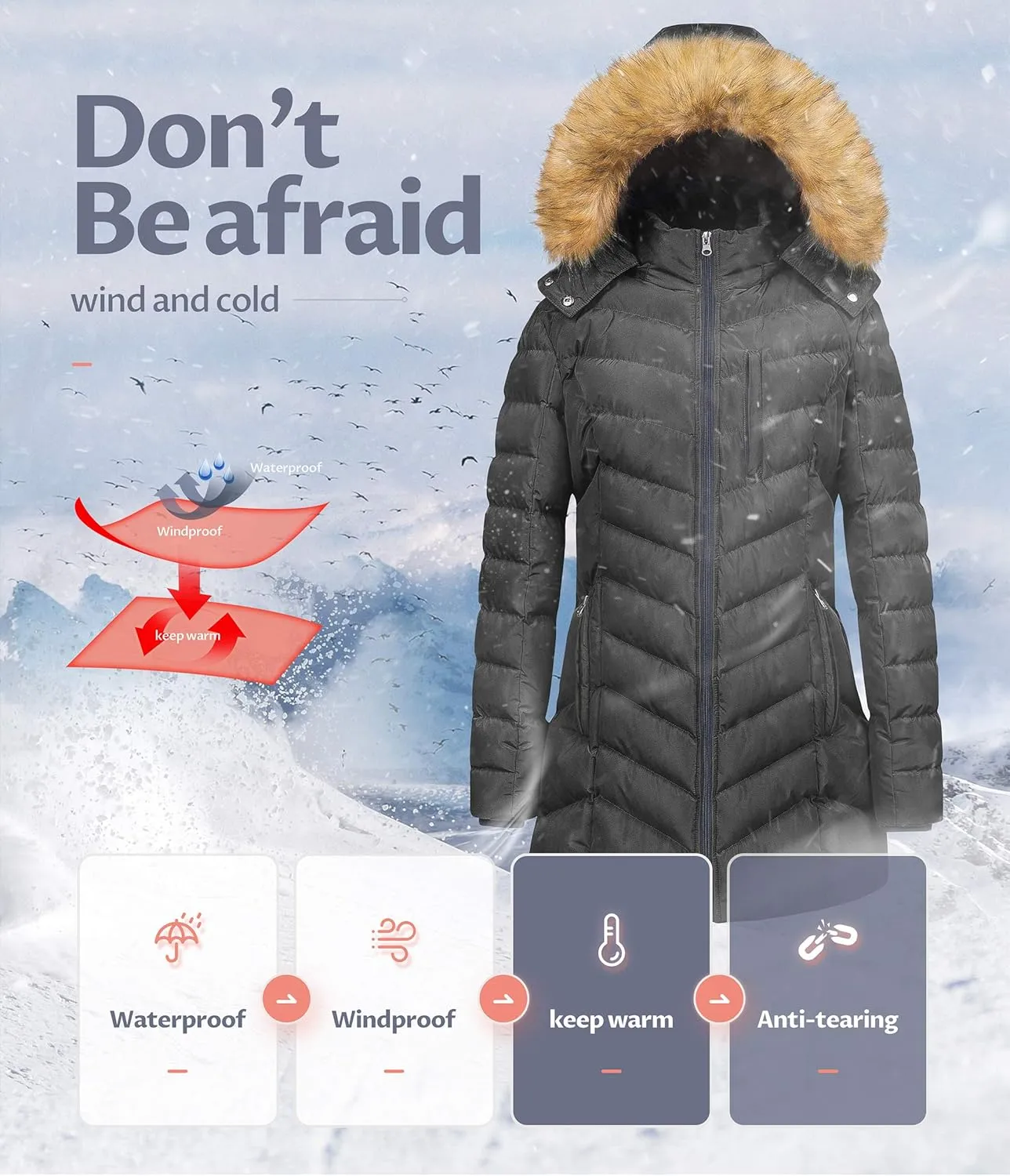 CREATMO US Women's Winter Hooded Coat Waterproof Warm Long Puffer Jacket Parka