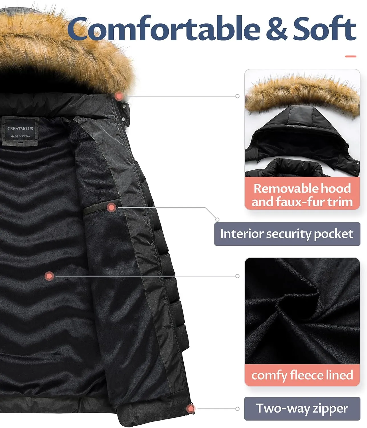 CREATMO US Women's Winter Hooded Coat Waterproof Warm Long Puffer Jacket Parka