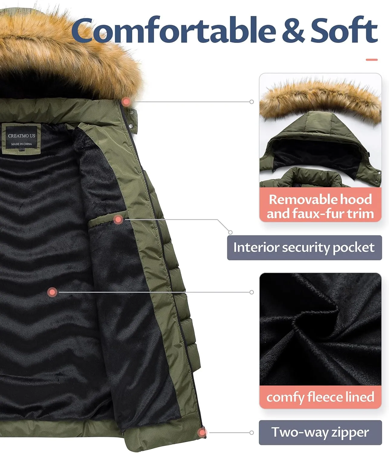 CREATMO US Women's Winter Hooded Coat Waterproof Warm Long Puffer Jacket Parka