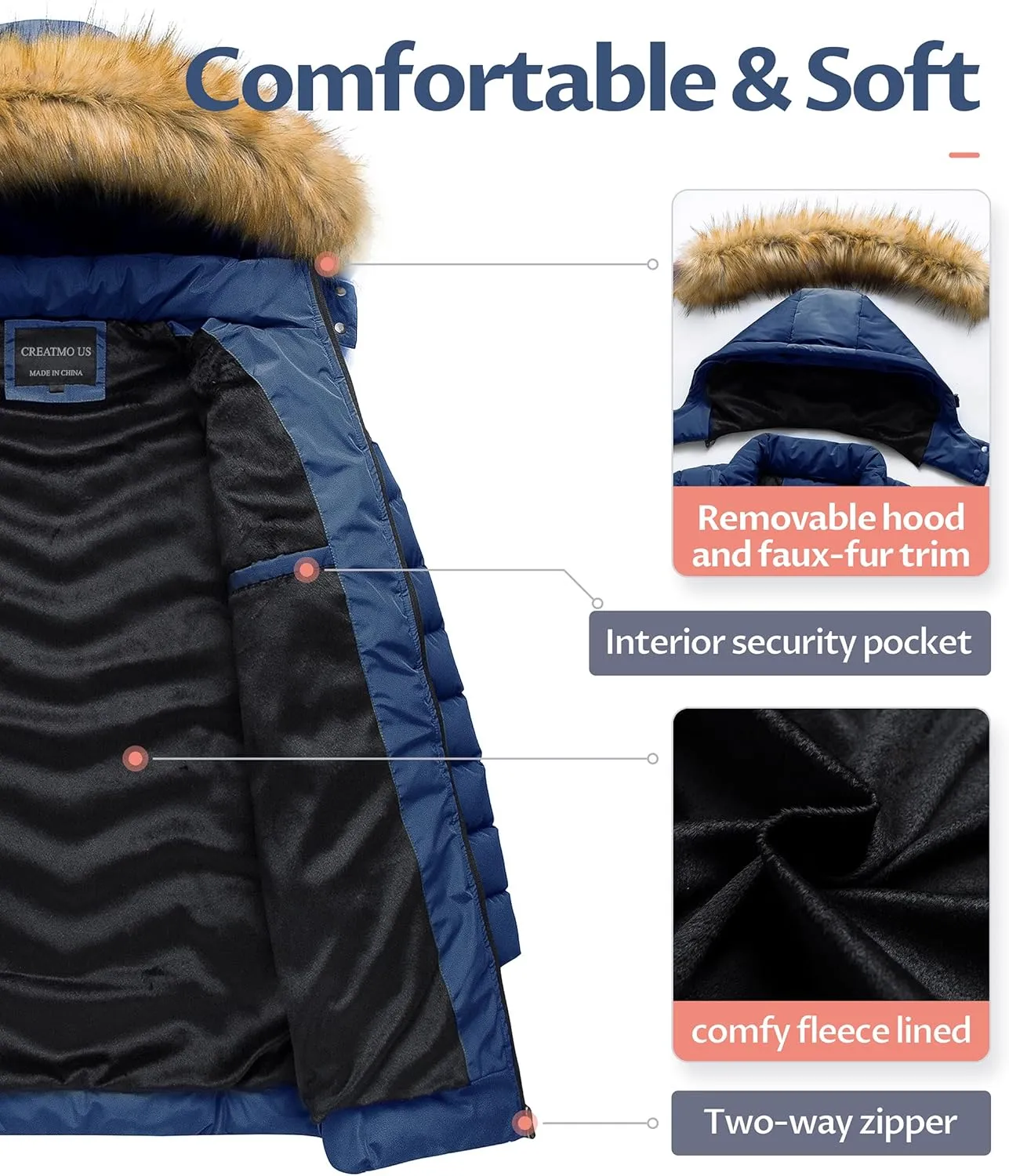 CREATMO US Women's Winter Hooded Coat Waterproof Warm Long Puffer Jacket Parka