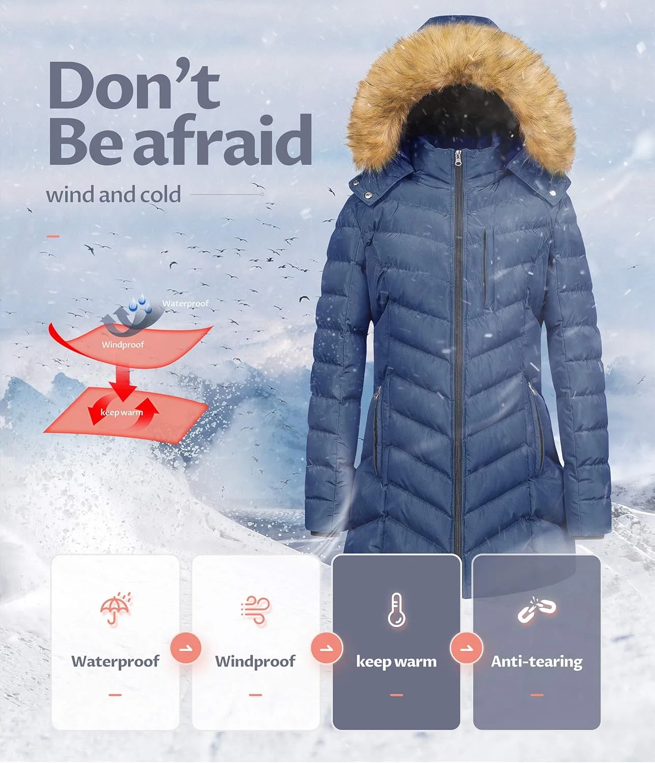CREATMO US Women's Winter Hooded Coat Waterproof Warm Long Puffer Jacket Parka