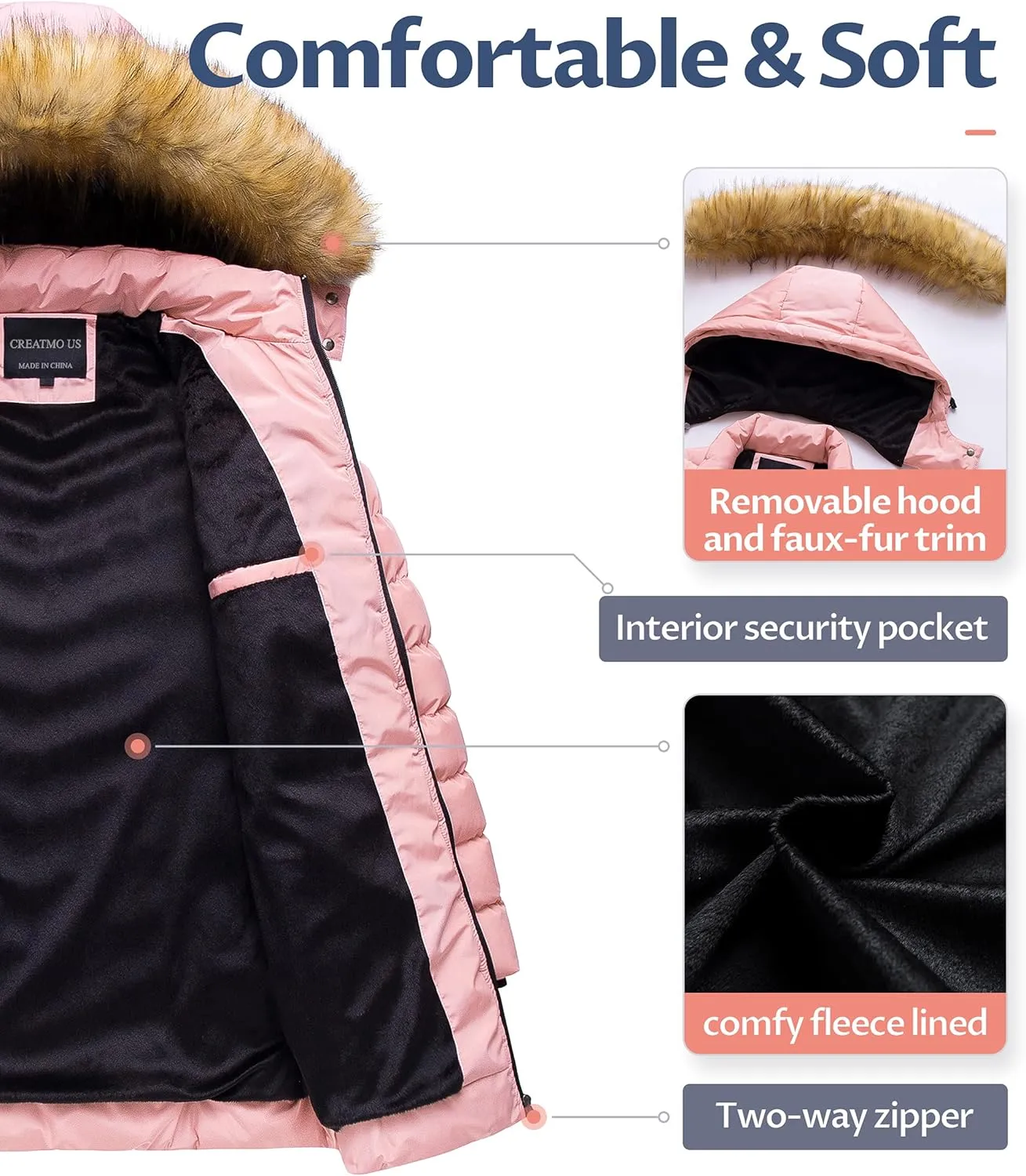 CREATMO US Women's Winter Hooded Coat Waterproof Warm Long Puffer Jacket Parka
