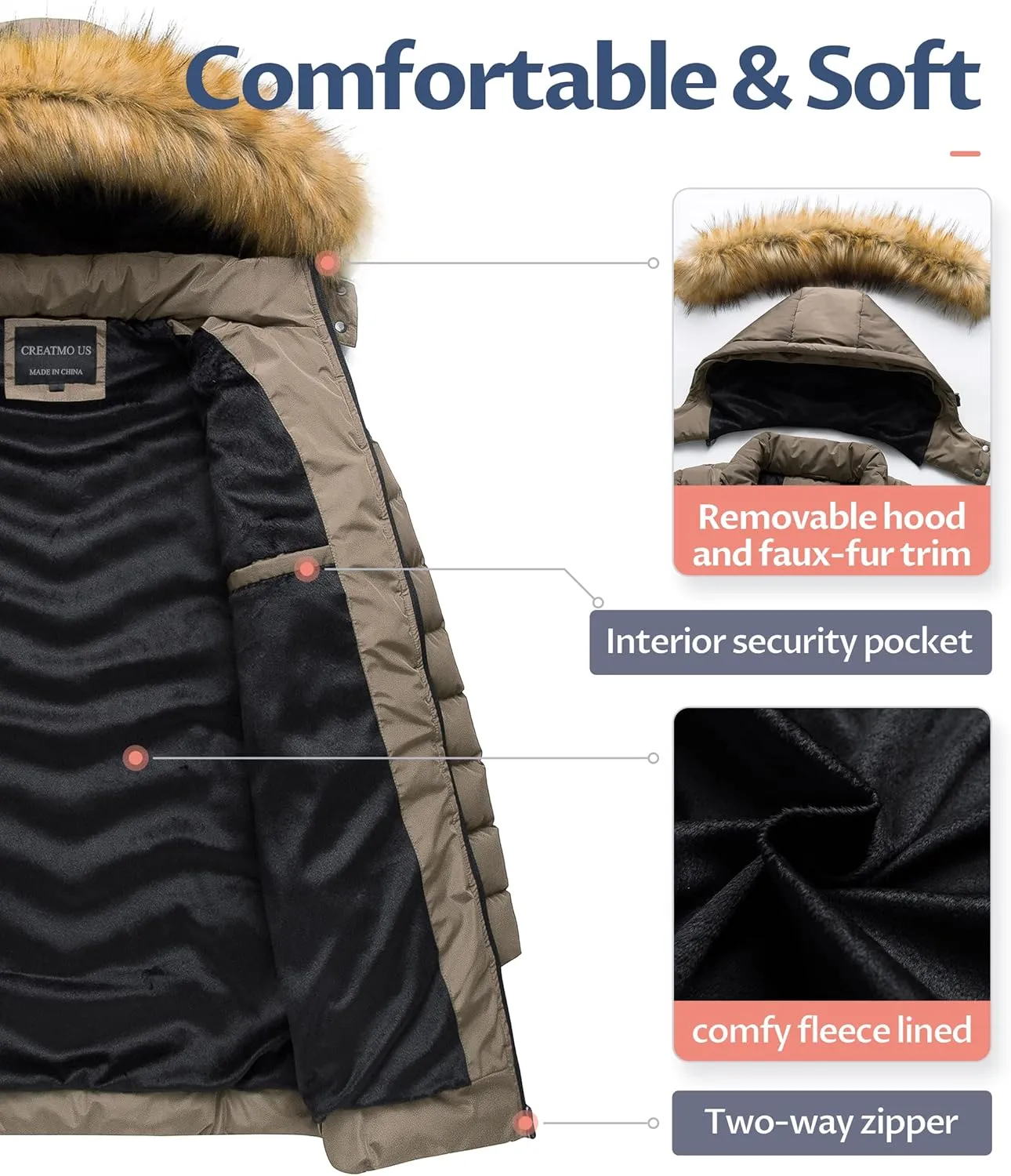 CREATMO US Women's Winter Hooded Coat Waterproof Warm Long Puffer Jacket Parka