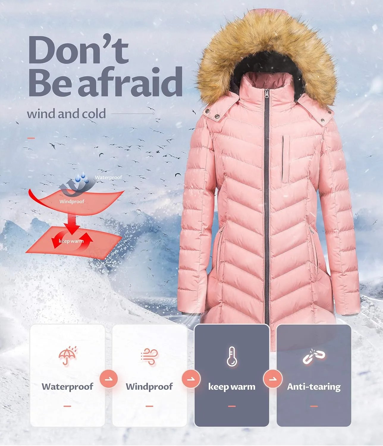 CREATMO US Women's Winter Hooded Coat Waterproof Warm Long Puffer Jacket Parka