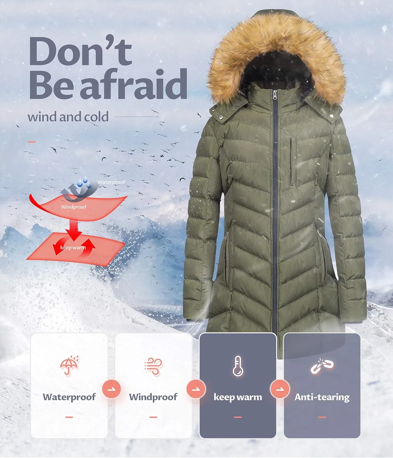 CREATMO US Women's Winter Hooded Coat Waterproof Warm Long Puffer Jacket Parka