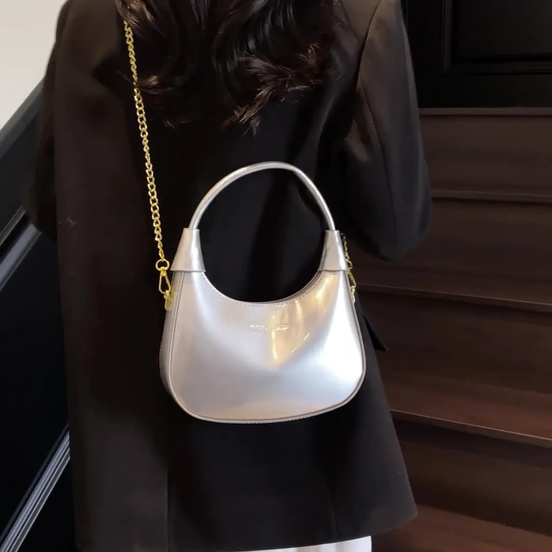 Crossbody Crescent Bag For Women,Trendy Cute Shoulder Bag with Glossy Finish & Chain Strap for Shopping and Dating