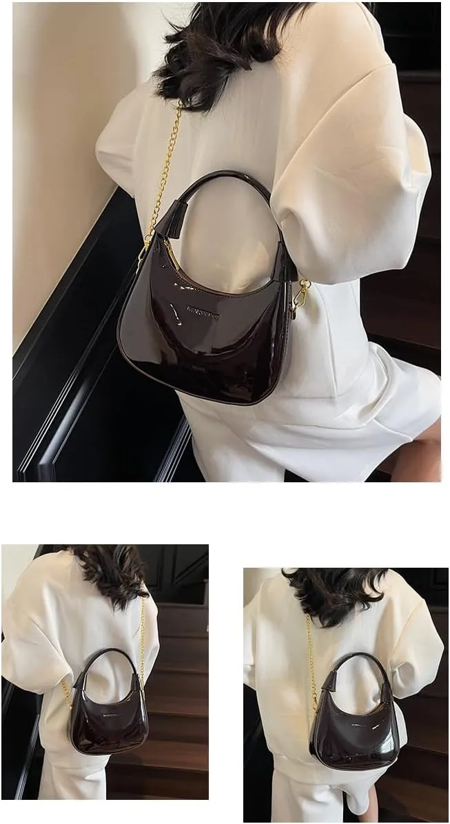 Crossbody Crescent Bag For Women,Trendy Cute Shoulder Bag with Glossy Finish & Chain Strap for Shopping and Dating