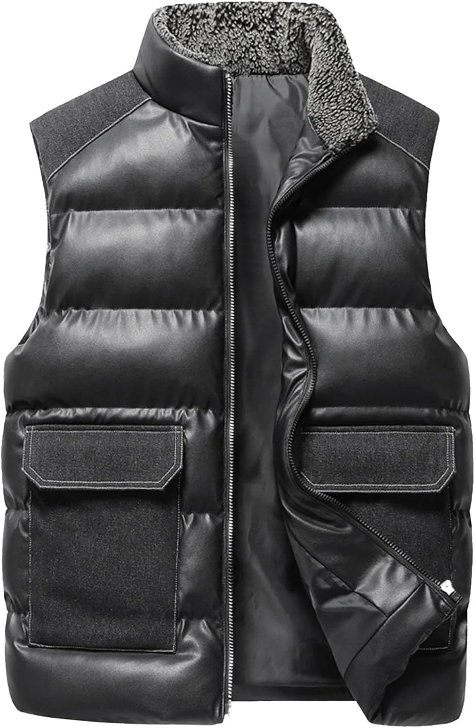 DGHM-JLMY Men Bright Patch Pocket Winter Warm Vest Shiny Cotton Padded Sleeveless Coat Metallic Solid Warm Thicken Waistcoat