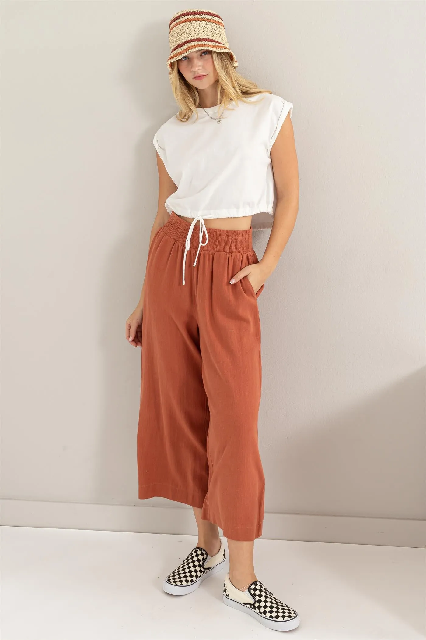 DZ24A879-Wide Linen High Waist Wide Leg Trousers
