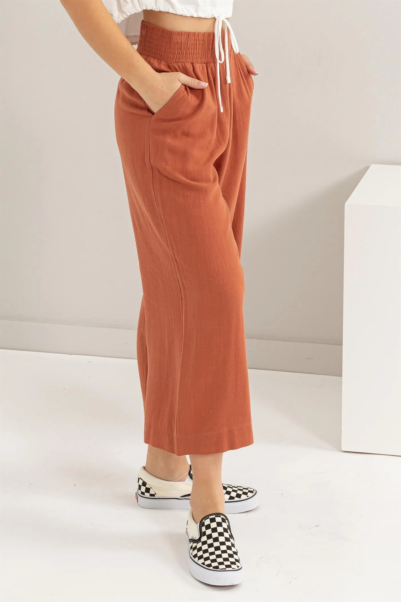 DZ24A879-Wide Linen High Waist Wide Leg Trousers