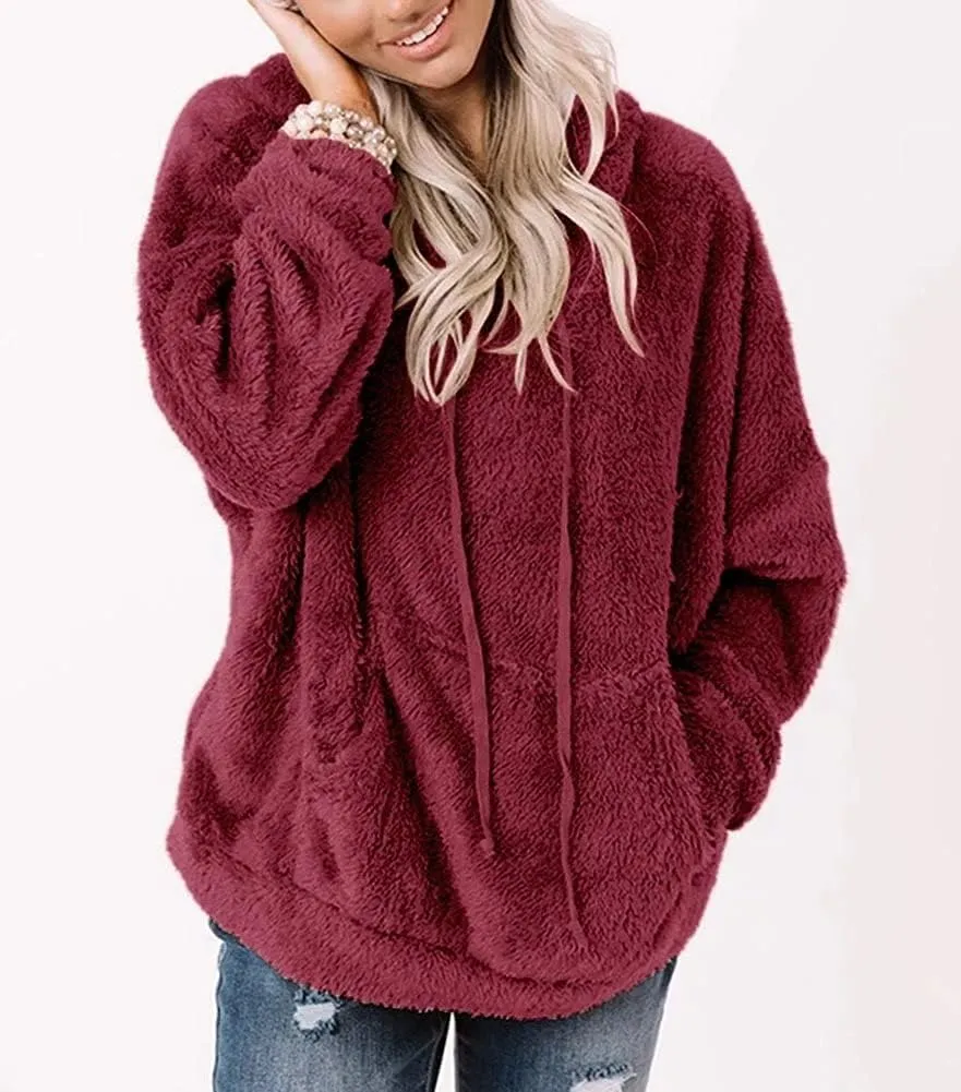 Ezbelle Women's Long Sleeve Sherpa Pullover Fuzzy Fleece Sweatshirt Casual Loose Fuzzy Hoodies with Pockets