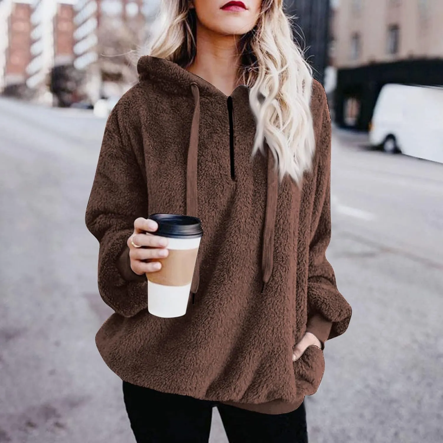 Fuzzy Hoodies for Women Half Zip Sherpa Fleece Oversized Hooded Sweatshirt Quarter Zip Pullover with Pockets