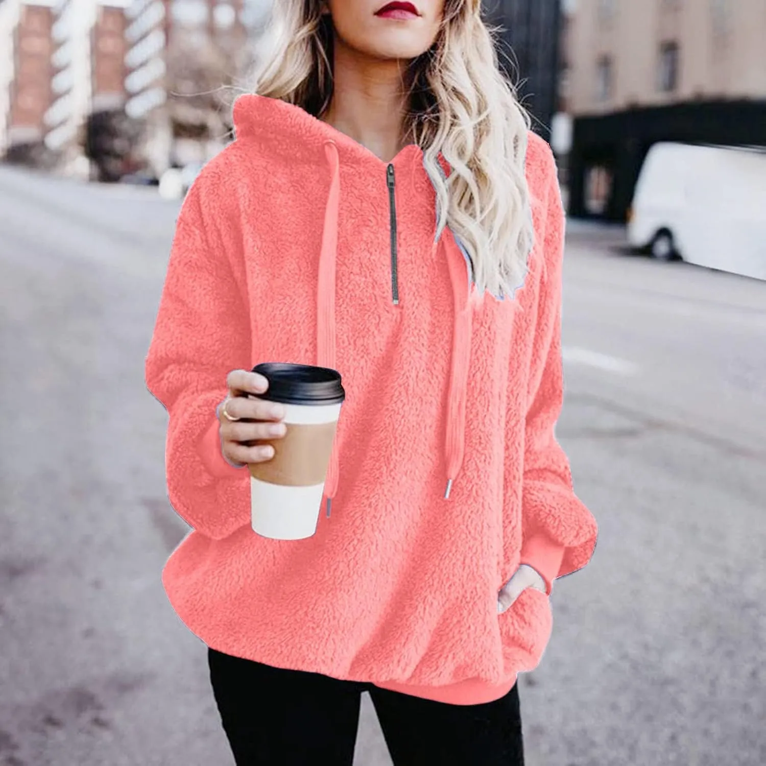 Fuzzy Hoodies for Women Half Zip Sherpa Fleece Oversized Hooded Sweatshirt Quarter Zip Pullover with Pockets