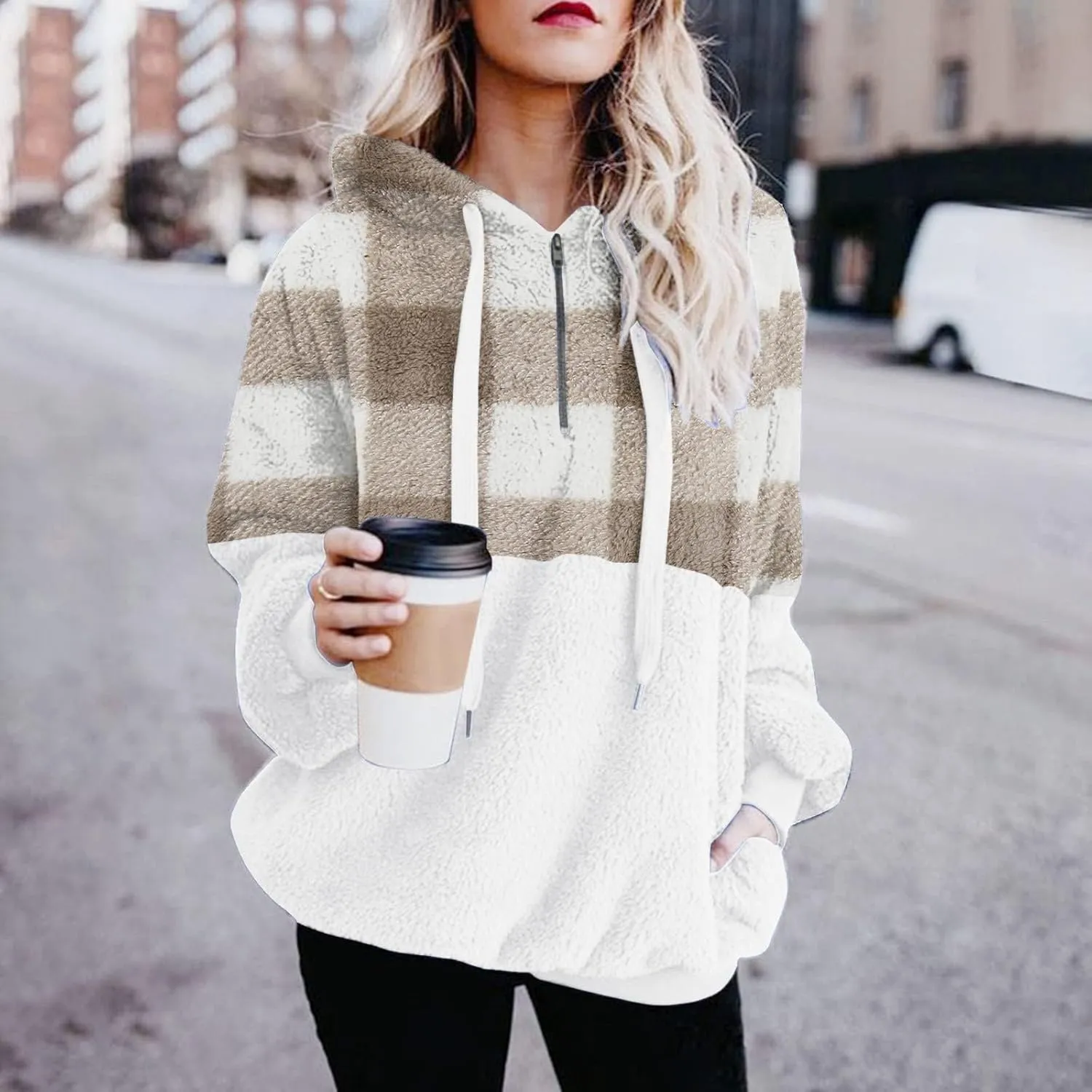 Fuzzy Hoodies for Women Half Zip Sherpa Fleece Oversized Hooded Sweatshirt Quarter Zip Pullover with Pockets