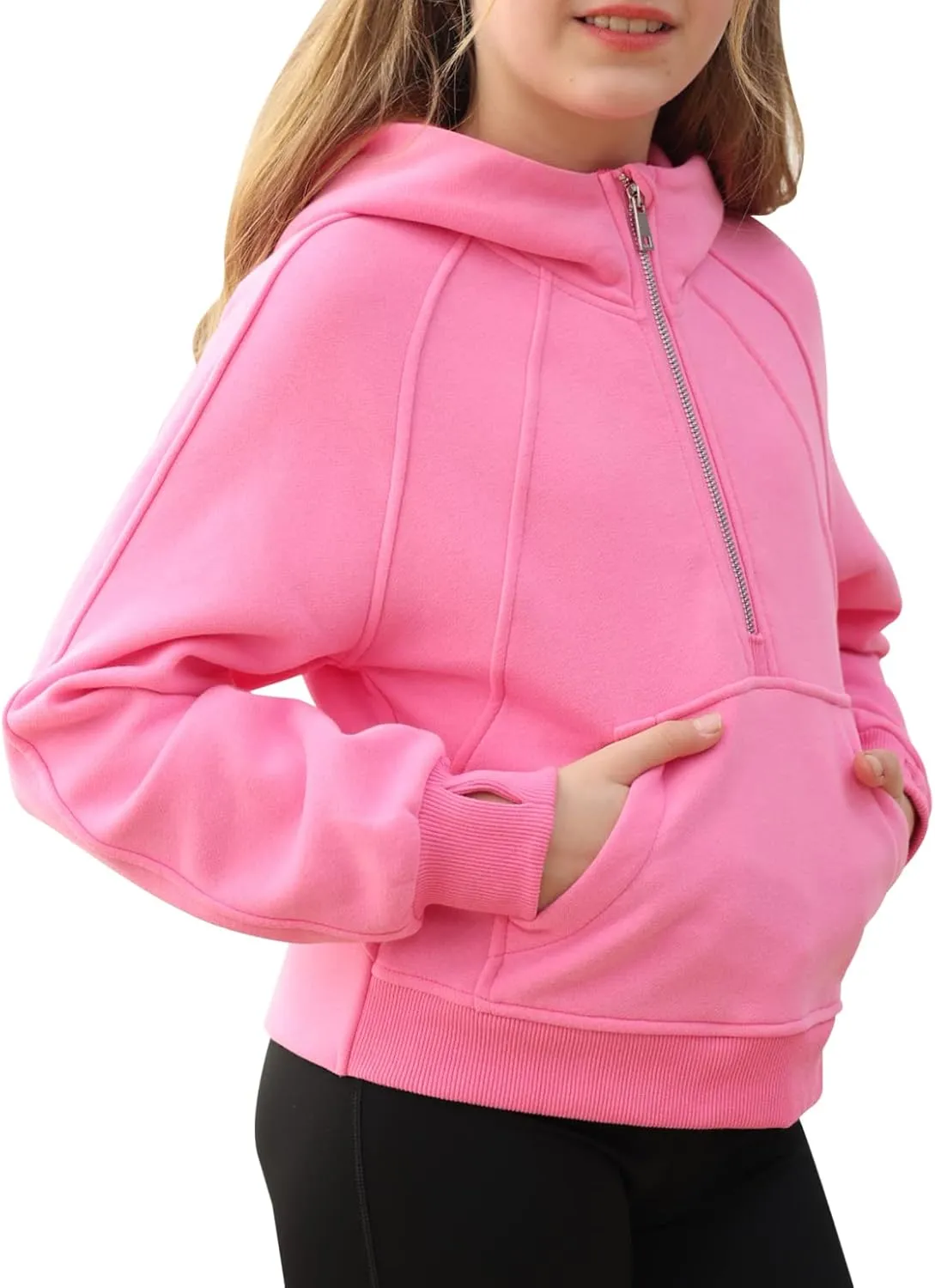 Girls Half Ziper Collar Cropped Hoodies Long Sleeve Fleece Zip Up Pullover Sweatshirts