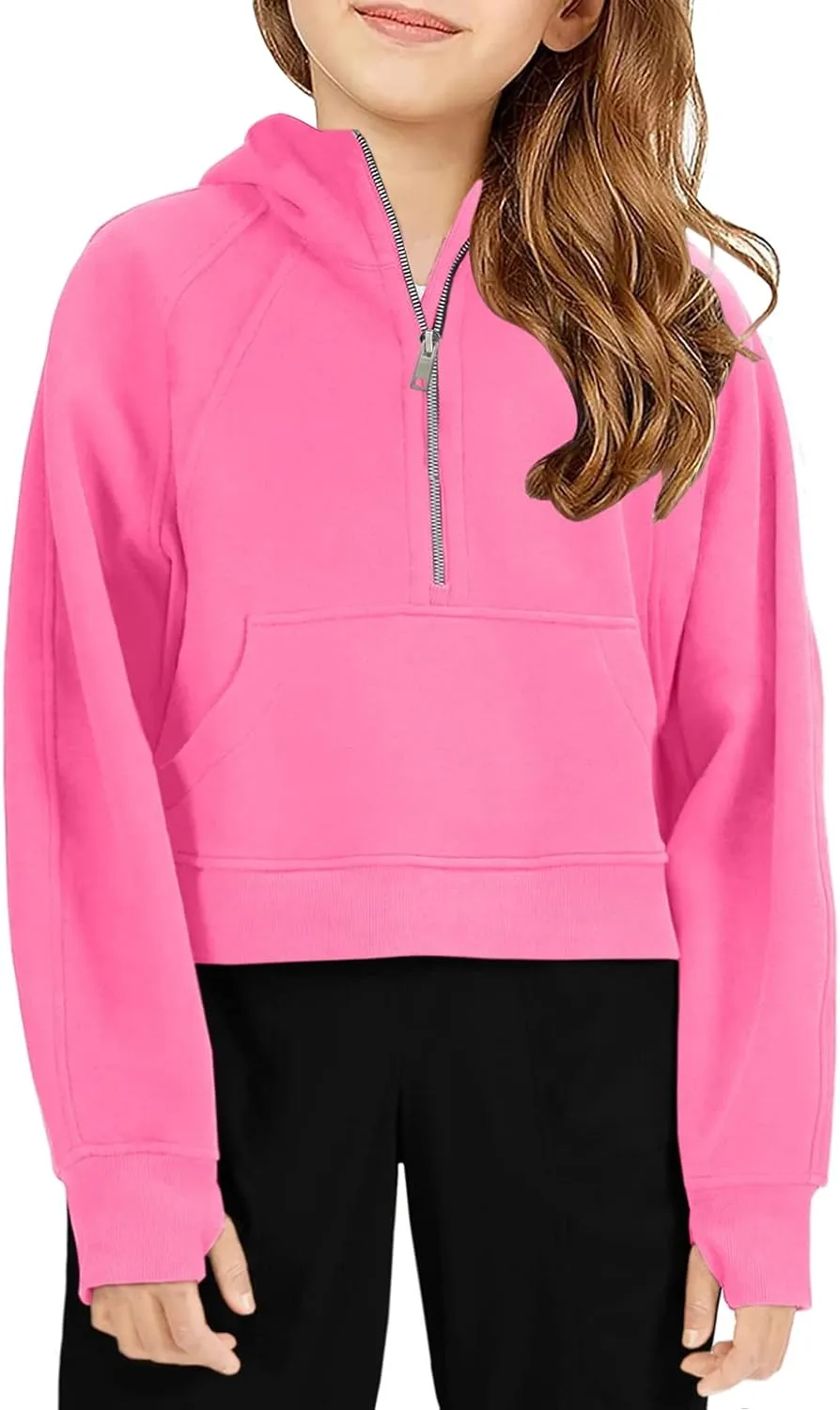 Girls Half Ziper Collar Cropped Hoodies Long Sleeve Fleece Zip Up Pullover Sweatshirts