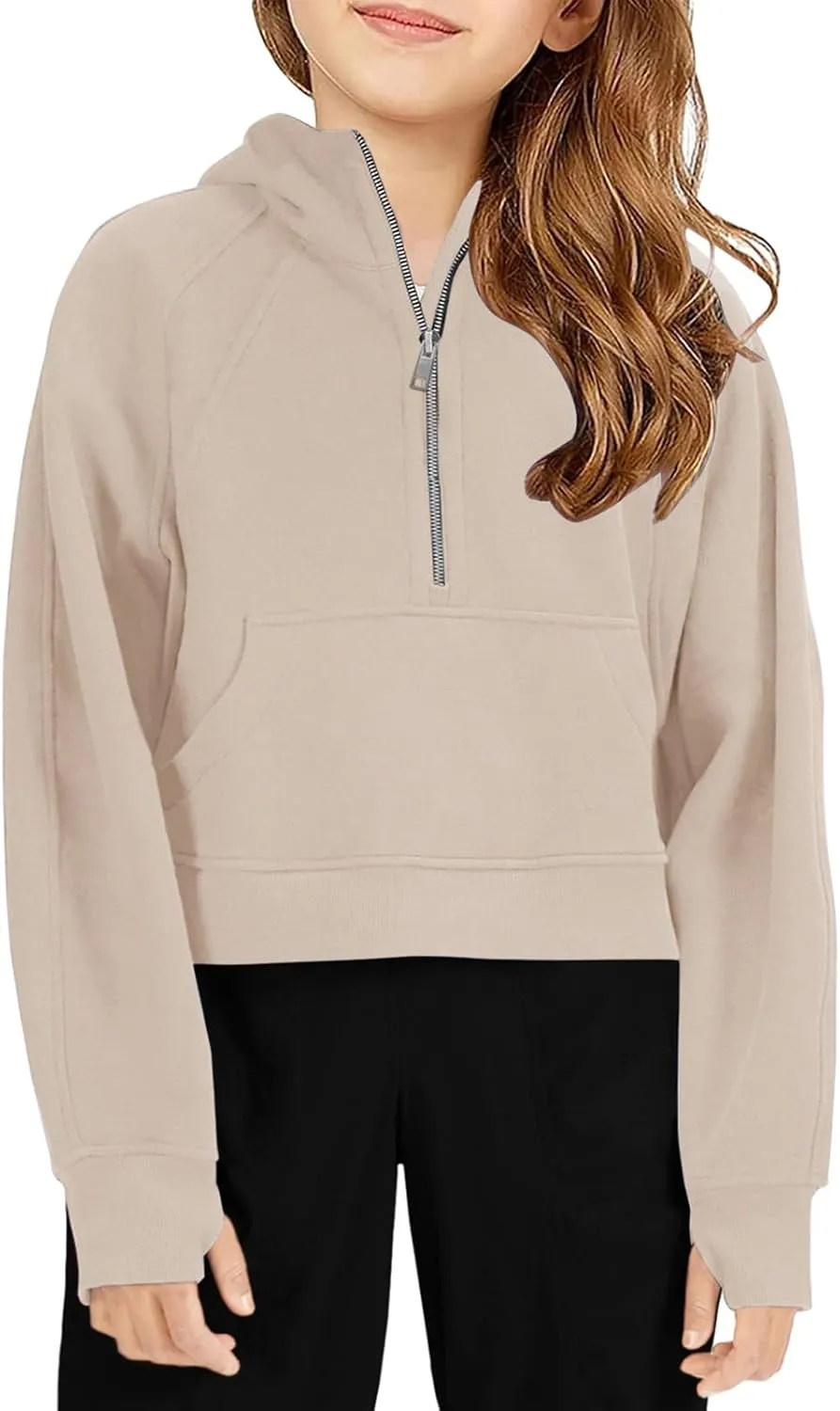 Girls Half Ziper Collar Cropped Hoodies Long Sleeve Fleece Zip Up Pullover Sweatshirts