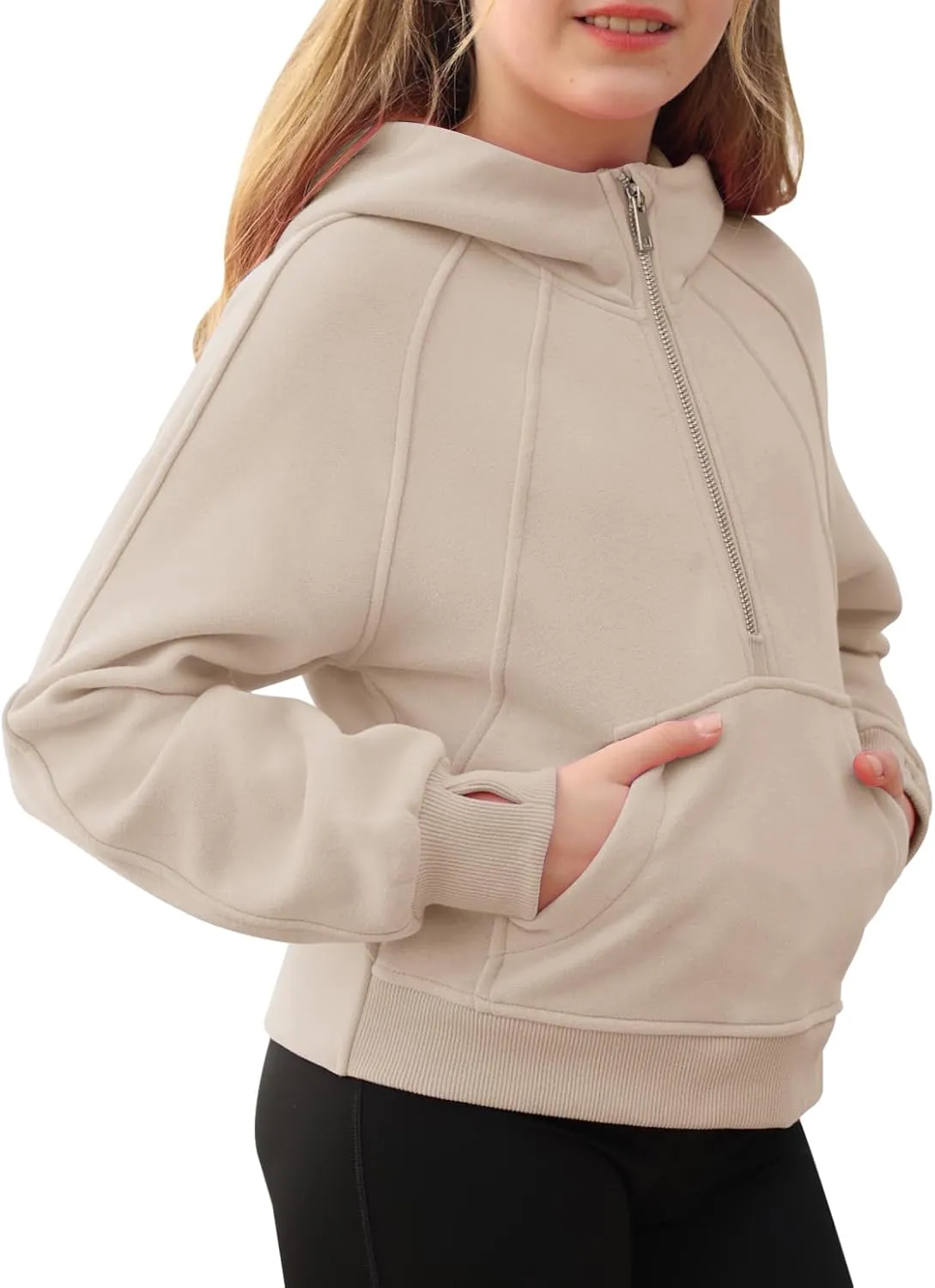 Girls Half Ziper Collar Cropped Hoodies Long Sleeve Fleece Zip Up Pullover Sweatshirts