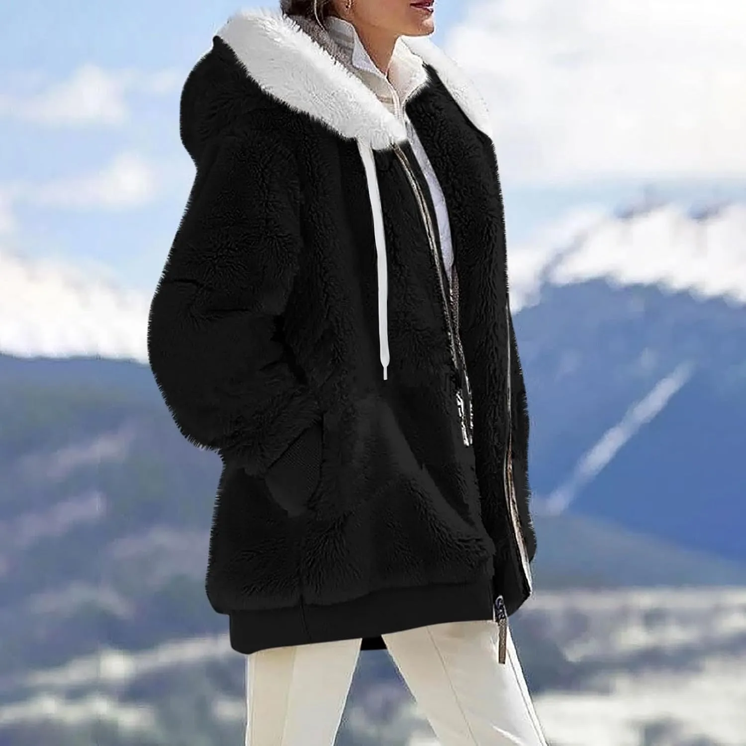 GOFULY Winter Coats For Women Oversized Sherpa Jackets Full Zip Fleece Cardigan Trendy Color Block Clothes With Pockets 2024