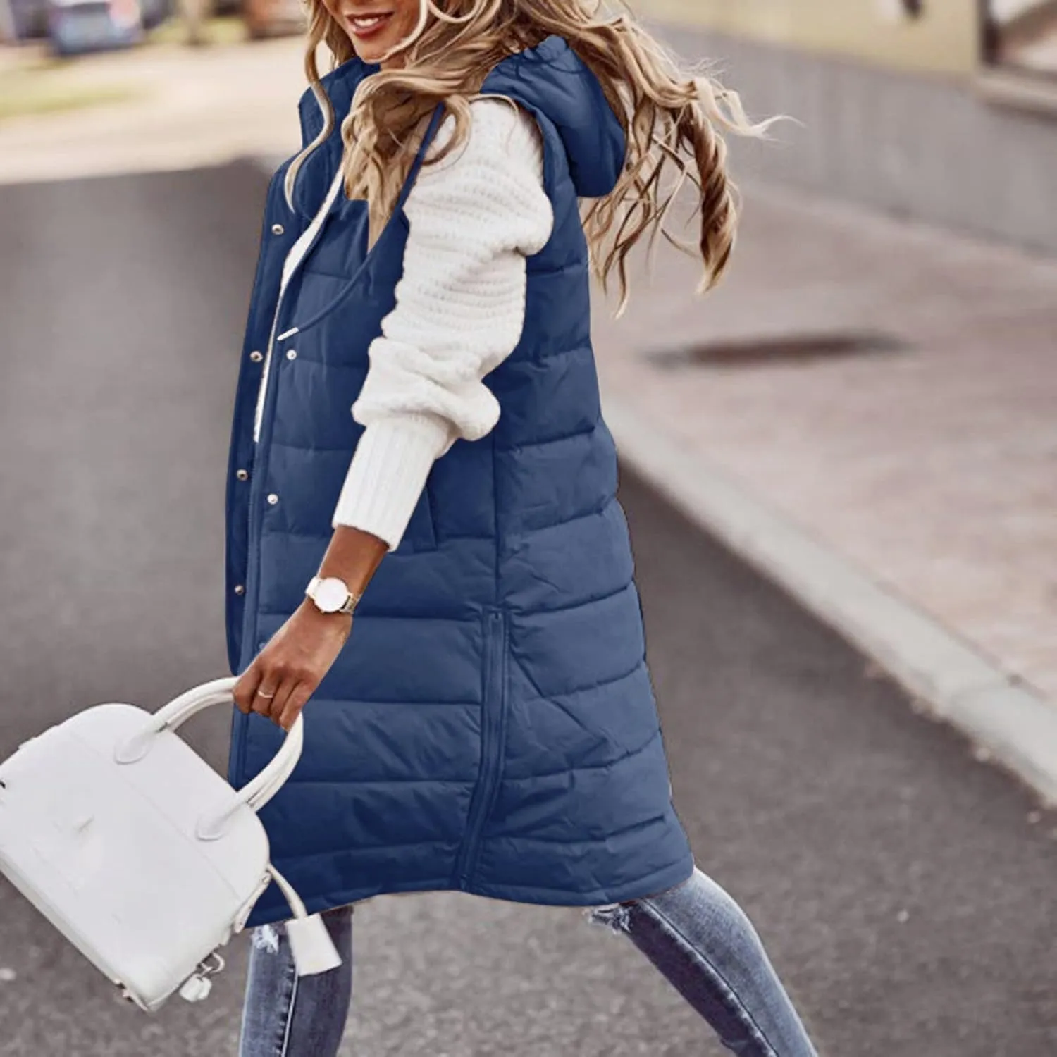 GOKKILRW Womens Winter Long Puffer Vests Outdoor Sleeveless Quilted Down Coats with Hood Warm Zip Up Cotton Padded Jackets